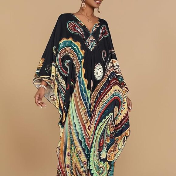 Ethnic Print Plus Size Beach Cover Ups Batwing Sleeve Caftans with Pockets - Picture 2 of 5